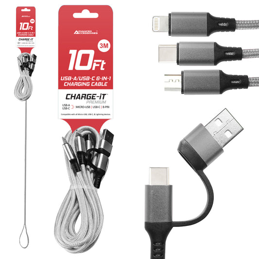 Charge-iT Premium 6in1 USBA/USB-C Cable - 3 Metres
